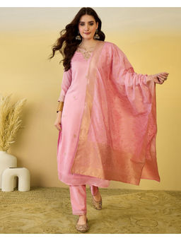 KVS FAB - Pink Silk Blend Zari Sequence Embroidered Kurta Pant & Dupatta (Set of 3)