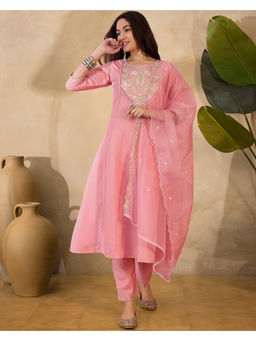 KVS FAB - Pink Silk Blend Zari Sequence Embroidered Kurta Pant & Dupatta (Set of 3)