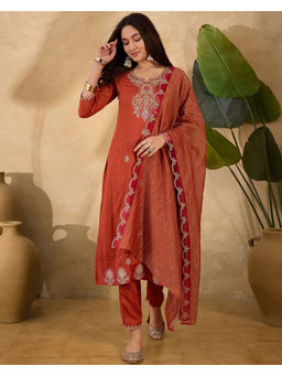 KVS FAB - Rust Silk Blend Zari Sequence Embroidered Kurta Pant & Dupatta (Set of 3)
