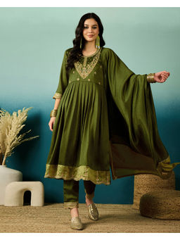 KVS FAB - Embroidered Zari Sequence Olive Silk Blend Kurta Pant & Dupatta (Set of 3)
