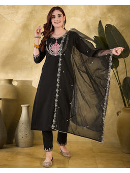 KVS FAB - Black Silk Blend Zari Sequence Embroidered Kurta Pant & Dupatta (Set of 3)