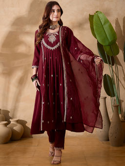 KVS FAB - Maroon Silk Blend Zari Sequence Embroidered Kurta Pant & Dupatta (Set of 3)