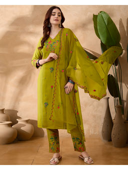 KVS FAB - Green Silk Blend Embroidered Kurta Pant & Dupatta (Set of 3)