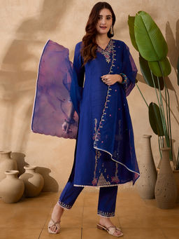 KVS FAB - Blue Silk Blend Zari Thread Embroidered Kurta Pant & Dupatta (Set of 3)