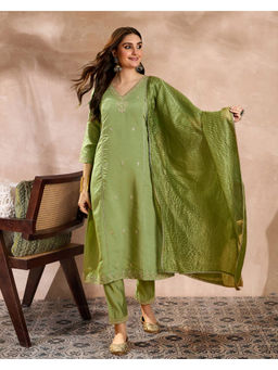 KVS FAB - Green Silk Blend Zari Sequence Embroidered Kurta Pant & Dupatta (Set of 3)