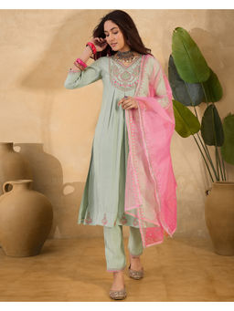 KVS FAB - Green Silk Blend Zari Sequence Embroidered Kurta Pant & Dupatta (Set of 3)