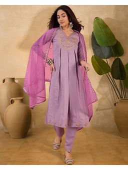 KVS FAB - Lavender Silk Blend Zari Sequence Embroidered Kurta Pant & Dupatta (Set of 3)