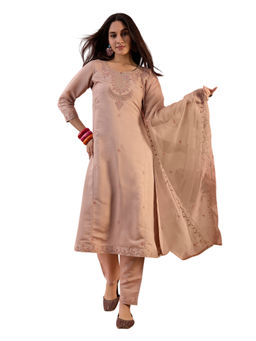 KVS FAB - Beige Silk Blend Zari Sequence Embroidered Kurta Pant & Dupatta (Set of 3)