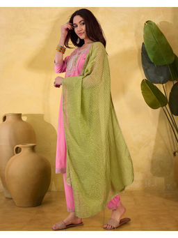 KVS FAB - Pink Silk Blend Zari Sequence Embroidered Kurta Pant & Dupatta (Set of 3)