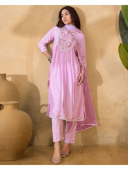 KVS FAB - Pink Silk Blend Zari Thread Work Embroidered Kurta Pant & Dupatta (Set of 3)