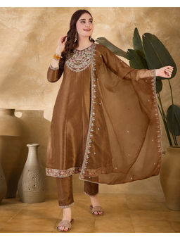 KVS FAB - Embroidered Zari Sequence Brown Silk Blend Kurta Pant & Dupatta (Set of 3)