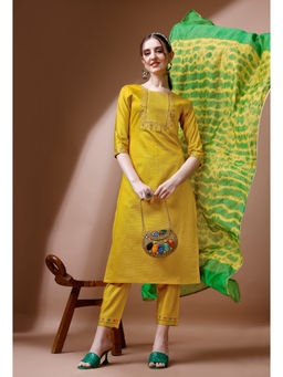 KVS FAB - Women Embroidered Yellow Cotton Blend Kurta Pant & Dupatta (Set of 3)