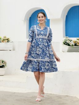 Stylum - Blue Women Tropical Printed Cotton A-Line Dress