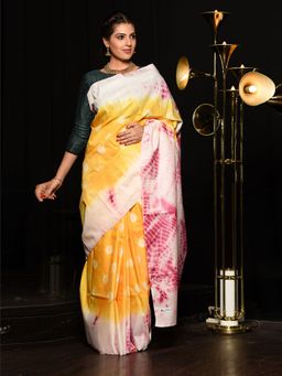 Beatitude - Yellow and Pink Viscose Katan Silk Tie and Dye Saree Unstitched Blouse