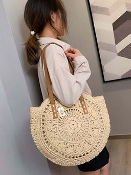 NFI Essentials - Beige Ethnic Knitted Straw Wicker Woven Design Handmade Hobo Beach Handbag
