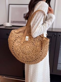 NFI Essentials - Bronze Ethnic Knitted Straw Wicker Woven Design Handmade Hobo Beach Handbag