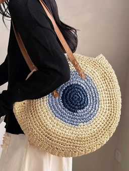 NFI Essentials - Multi-Color Ethnic Knitted Straw Wicker Woven Design Handmade Hobo Beach Handbag