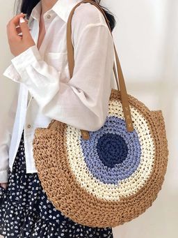 NFI Essentials - Multi-Color Ethnic Knitted Straw Wicker Woven Design Handmade Hobo Beach Handbag