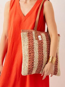 NFI Essentials - Orange Ethnic Knitted Straw Wicker Woven Design Handmade Hobo Beach Handbag