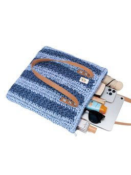 NFI Essentials - Blue Ethnic Knitted Straw Wicker Woven Design Handmade Hobo Beach Handbag