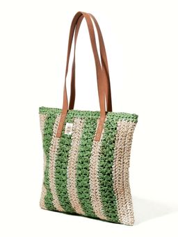 NFI Essentials - Green Ethnic Knitted Straw Wicker Woven Design Handmade Hobo Beach Handbag