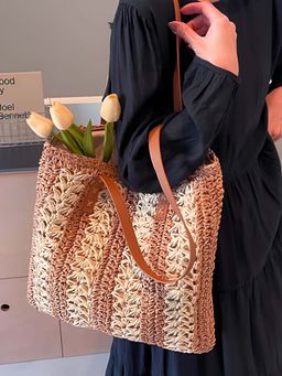 NFI Essentials - Brown Ethnic Knitted Straw Wicker Woven Design Handmade Hobo Beach Handbag