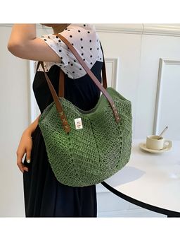 NFI Essentials - Green Ethnic Knitted Straw Wicker Woven Design Handmade Hobo Beach Handbag