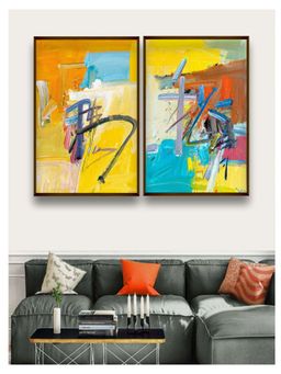 The Art House - Yellow Blue Abstract Painting Framed Wall Art Set of 2