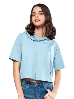 The Souled Store - Solids Powder Blue Women Cropped Hooded T-Shirt