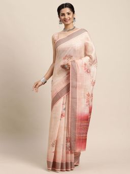 Odette - Womens Soft Silk Beige Printed Designer Saree with Unstitched Blouse