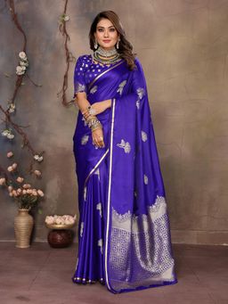 Elora - Satin Silk Floral Motifs Zari Weaving Banarasi Saree - Royal Blue with Unstitched Blouse