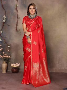 Elora - Satin Silk Floral Motifs Zari Weaving Banarasi Saree - Red with Unstitched Blouse