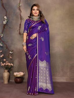 Elora - Satin Silk Floral Motifs Zari Weaving Banarasi Saree - Purple with Unstitched Blouse