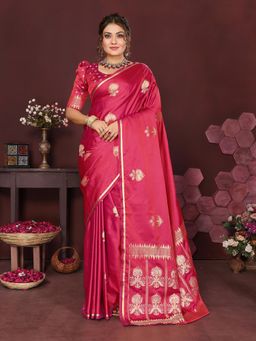 Elora - Satin Silk Floral Motifs Zari Weaving Banarasi Saree - Pink with Unstitched Blouse