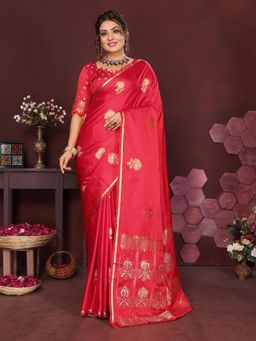 Elora - Satin Silk Floral Motifs Zari Weaving Banarasi Saree - Red with Unstitched Blouse
