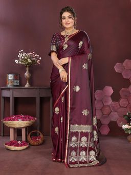 Elora - Satin Silk Floral Motifs Zari Weaving Banarasi Saree - Wine with Unstitched Blouse