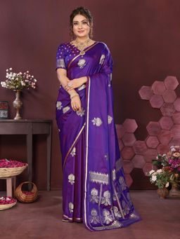 Elora - Satin Silk Floral Motifs Zari Weaving Banarasi Saree - Purple with Unstitched Blouse
