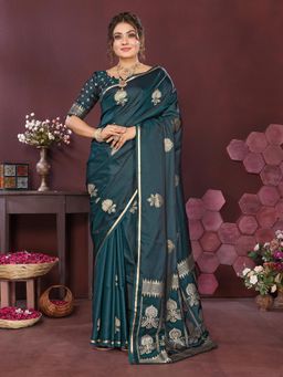 Elora - Satin Silk Floral Motifs Zari Weaving Banarasi Saree - Green with Unstitched Blouse