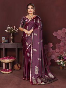 Elora - Satin Silk Floral Motifs Zari Weaving Banarasi Saree - Wine with Unstitched Blouse
