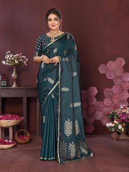 Elora - Satin Silk Floral Motifs Zari Weaving Banarasi Saree - Teal with Unstitched Blouse