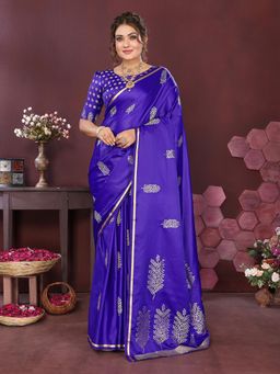 Elora - Satin Silk Floral Motifs Zari Weaving Banarasi Saree - Deep Blue with Unstitched Blouse