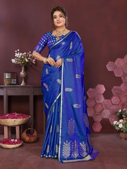 Elora - Satin Silk Floral Motifs Zari Weaving Banarasi Saree - Royal Blue with Unstitched Blouse