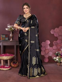 Elora - Satin Silk Floral Motifs Zari Weaving Banarasi Saree - Black with Unstitched Blouse