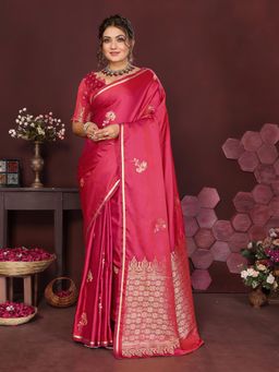 Elora - Satin Silk Floral Print Zari Weaving Banarasi Saree - Pink with Unstitched Blouse