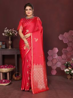 Elora - Satin Silk Floral Print Zari Weaving Banarasi Saree - Red with Unstitched Blouse