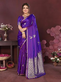 Elora - Satin Silk Floral Print Zari Weaving Banarasi Saree - Rich Purple with Unstitched Blouse