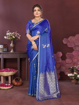 Elora - Satin Silk Floral Print Zari Weaving Banarasi Saree - Blue with Unstitched Blouse