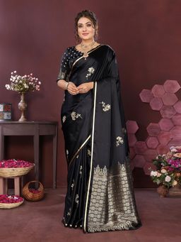 Elora - Satin Silk Floral Print Zari Weaving Banarasi Saree - Black with Unstitched Blouse