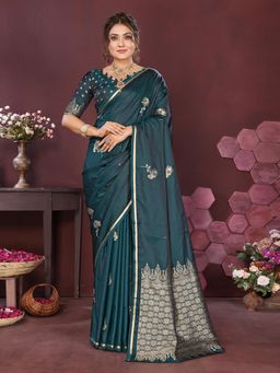 Elora - Satin Silk Floral Print Zari Weaving Banarasi Saree - Teal with Unstitched Blouse