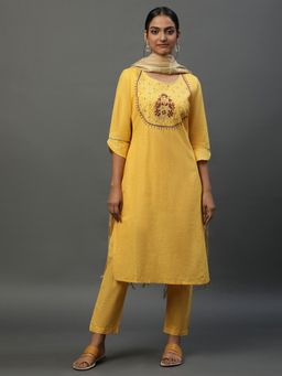 Aurelia - Yellow Embroidered Kurta with Palazzo and Golden Dupatta (Set of 3)